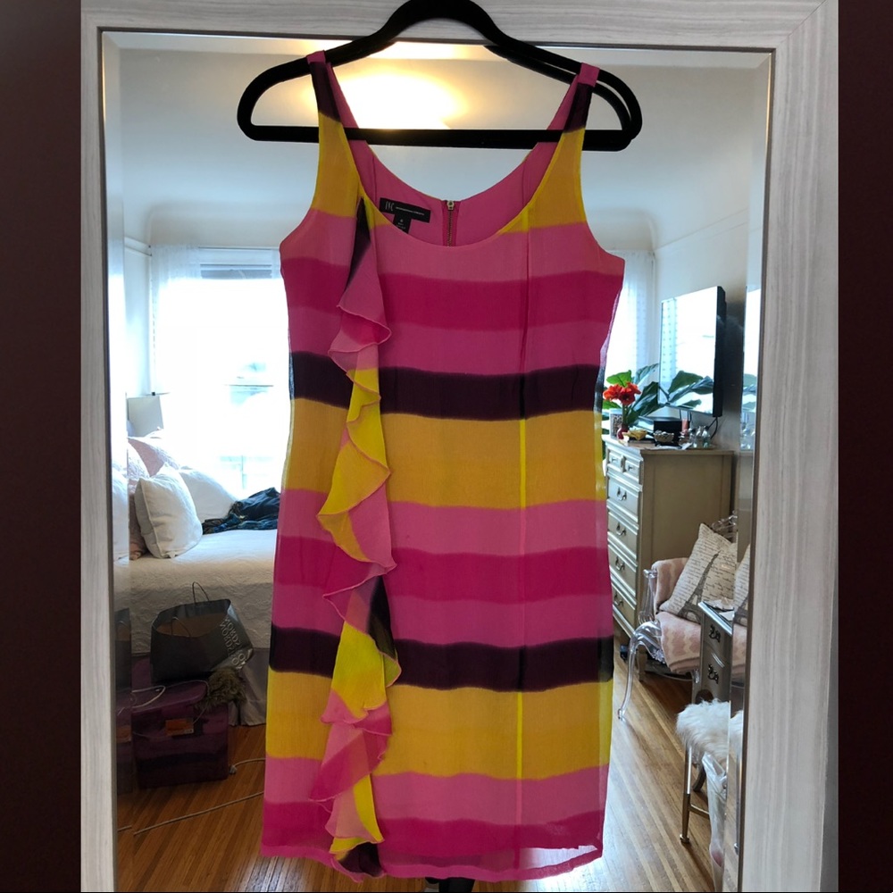 INC bright pink and yellow stripe silk dress - Picture 3 of 5